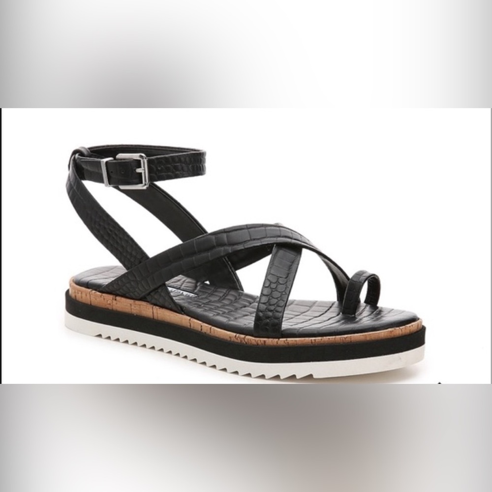 Charles David Croc Embossed Platform Sandals 6.5 Black Resort Chic Boho